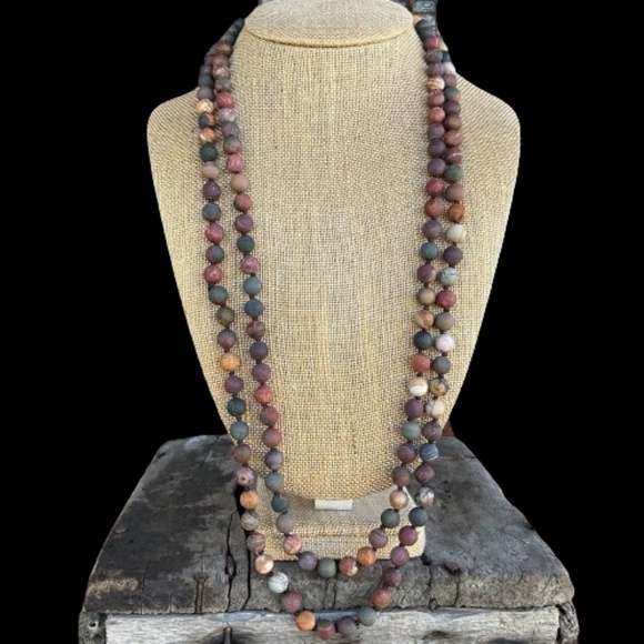 NWOT 60" 8mm Picasso Jasper Necklace, Earthy Natural Stone Brown/Blue/Red/Cream - Picture 2 of 9